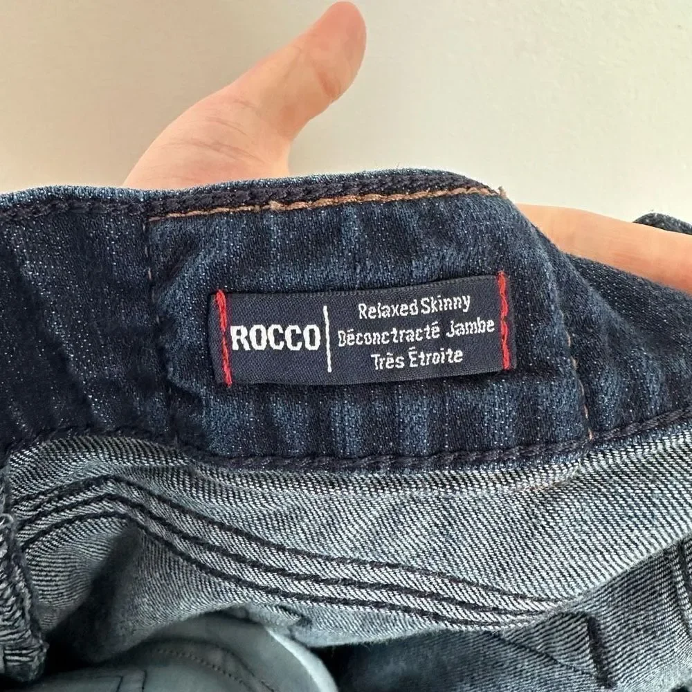 True Religion Mens Relaxed Skinny Rocco No Flap SE Dark Wash Snap Cuff Hidden Bu